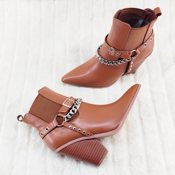 Demitri Tan Western Cowgirl Cowboy Pull On Elastic Panel Ankle Boots - Picture 8 of 11